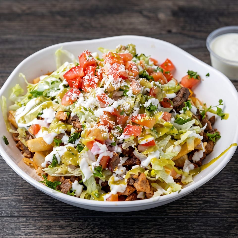 Loaded fries with steak, lettuce, tomatoes, cheese, and sauces, with a side of sour cream.