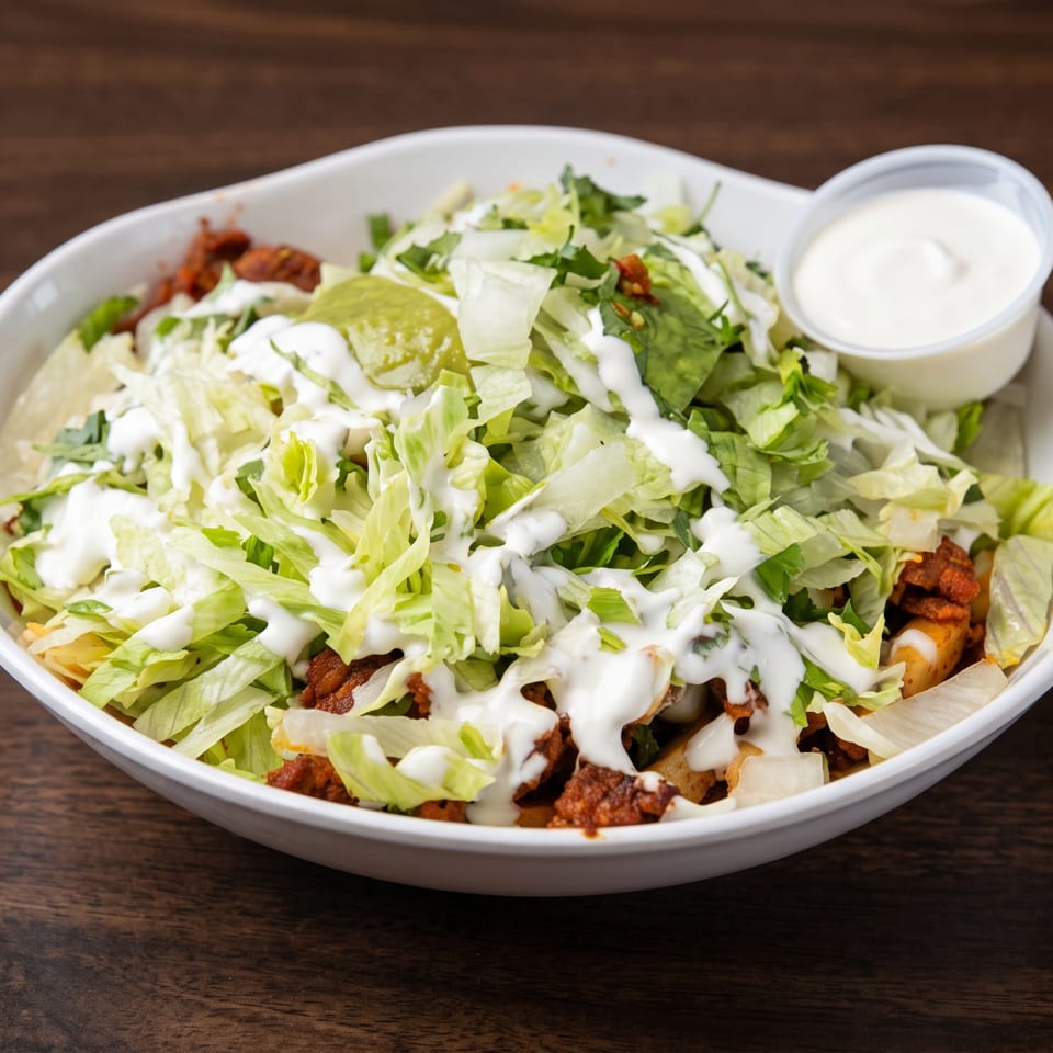 A white bowl filled with a taco salad, topped with shredded lettuce, meat, and white sauce.