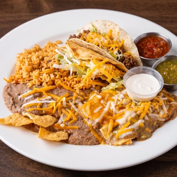 A white plate holds two tacos, rice, refried beans with cheese, and sides of salsa and sour cream.
