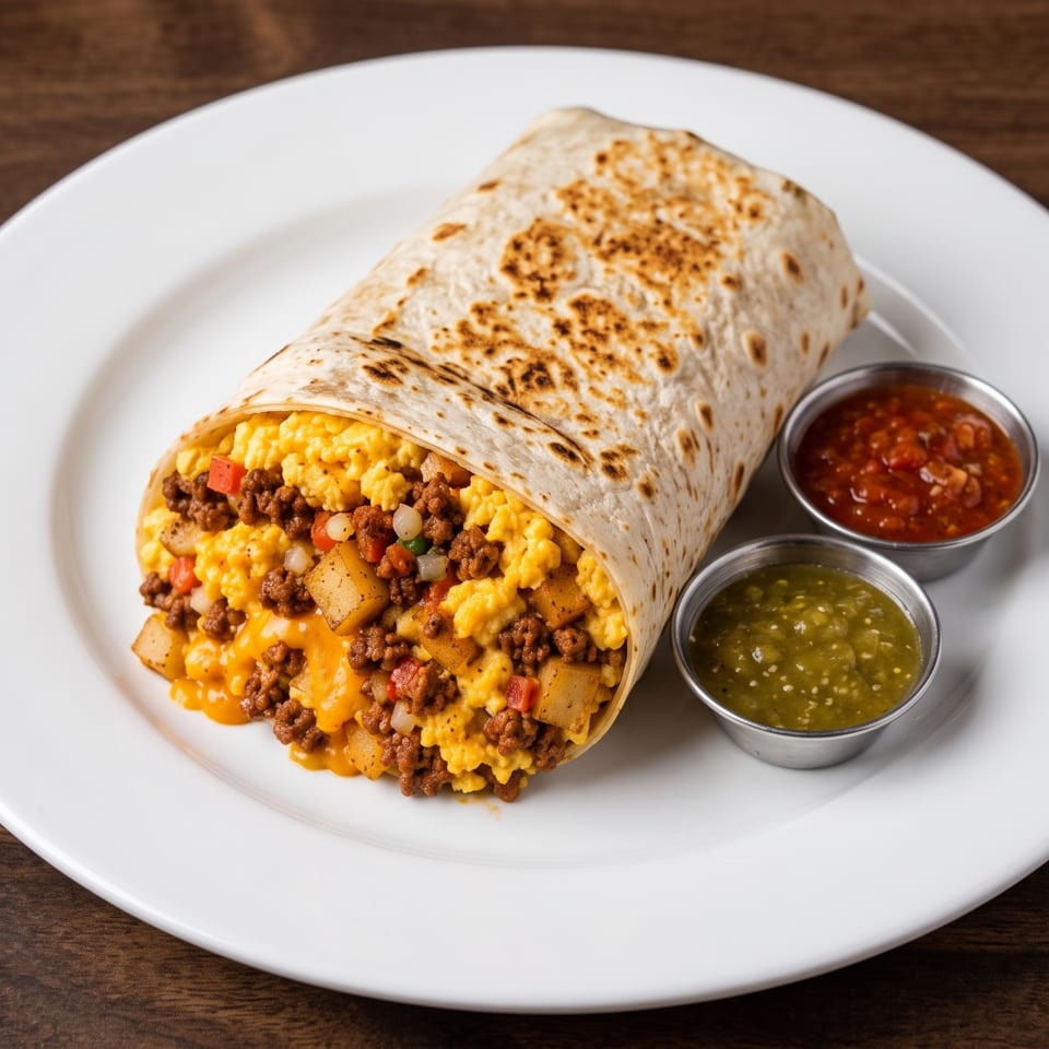 Breakfast burrito filled with scrambled eggs, chorizo, potatoes, and cheese, served with red and green salsa.